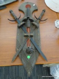 MIDIEVAL WEAPONS ON MOUNT; 2 REMOVABLE SWORDS AND MILITARY FLAIL ON WOODEN WALL MOUNT.