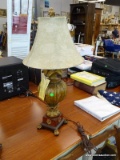 PLATINUM BAY TABLE LAMP; GOLD TONED, ORNATE TABLE LAMP WITH A RED ACCENTS AND BASE. COMES WITH BEIGE
