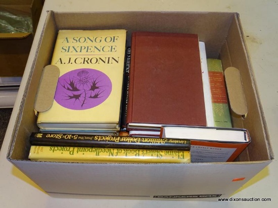 BOX LOT OF ASSORTED BOOKS; INCLUDES "MORNING JOURNEY" BY JAMES HILTON, "A SONG OF SIXPENCE" BY A.J.