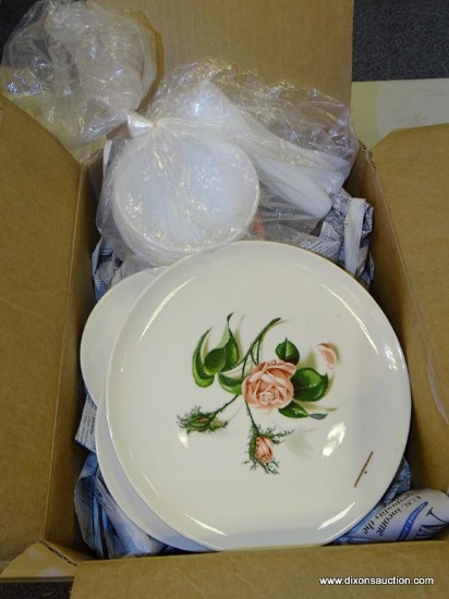 BOX LOT OF ROSE PATTERNED CHINA. INCLUDES SAUCERS, DINNER PLATES, AND SALAD PLATES.
