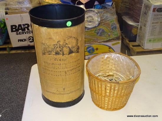 METAL WASTE BIN WITH ANTIQUE "TO CHLOE" SHEET MUSIC TAPED ON IT AND CONTENTS TO INCLUDE A WICKER