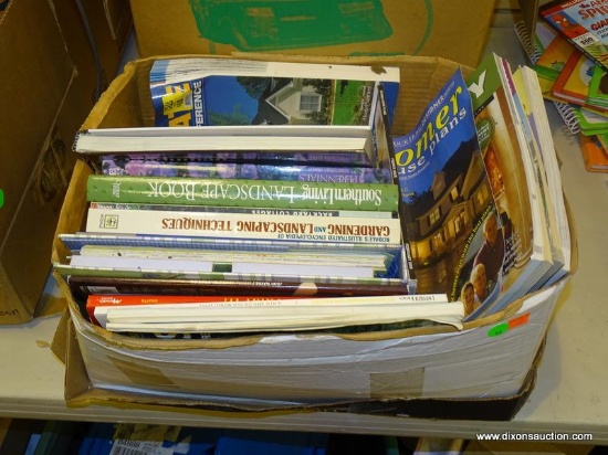 BOX LOT OF ASSORTED BOOKS/MAGAZINES; LOT TO INCLUDE "BOOMER HOUSE PLANS", "LUXURY HOME PLANS",