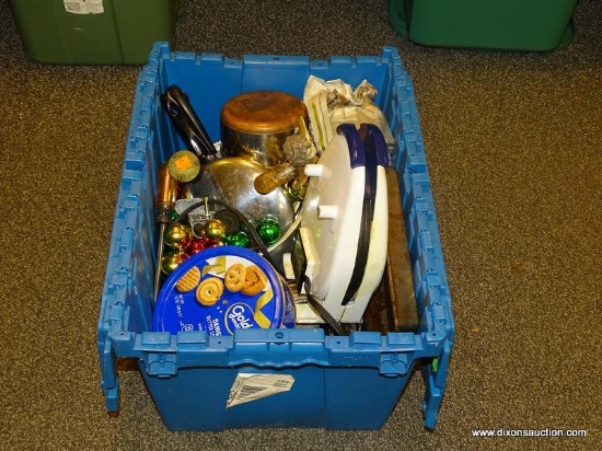 TUB LOT OF ASSORTED ITEMS; INCLUDES COOKWARE, CHRISTMAS DECORATIONS, AND MORE.