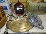 LOT OF ASSORTED ITEMS; INCLUDES A DIRT DEVIL CAN VAC, A PALM TREE CANDLESTICK, A SILVER PLATED