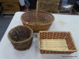 WICKER BASKETS; 3 PIECE LOT TO INCLUDE A WICKER BASKET WITH ARCH HANDLE, A RECTANGULAR WICKER