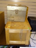 STAMFORD METAL BOX AND WOODEN CHEST W/ CONTENTS; CONTENTS INCLUDE A PAIR OF BALTIMORE RAVENS CAR