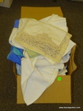 BOX LOT OF ASSORTED TOWELS, LINENS, PLACE MATS, AND OVEN MITTS.