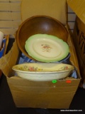 BOX LOT OF ASSORTED CHINA AND STEMWARE; INCLUDES A WOODEN BOWL, A HOMER LAUGHLIN OVAL PLATTER, AN