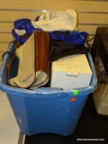 TUB LOT; INCLUDES 3 BAGS, CHANDELIER CHAIN, 6 PAIRS OF HEELS (SIZE 6 & 6-1/2), AND A MAGAZINE RACK.