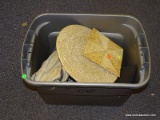 TUB LOT; INCLUDES WOVEN STRAW PLACEMATS, A VINTAGE DUFFLE BAG WITH 3 SNORKEL GOGGLES, SNORKEL