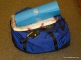 LOT OF ASSORTED BAGS; LOT INCLUDES AN L.L. BEAN DUFFLE BAG FULL OF SMALLER BAGS AND A YOGA MAT.