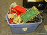 TUB LOT OF ASSORTED ITEMS; INCLUDES A LONDON FOG JACKET, A SLEIGH BASKET, 2 SETS OF MOUNTED DEER