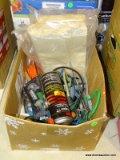 BOX LOT; INCLUDES BUNGEE CORDS, 2 HACKSAWS, A SLINGSHOT (NEEDS TO REPAIRED), A CAN OF 3M SUPER 77