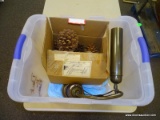 TUB LOT; INCLUDES DECORATIVE PINE CONES AND A VINTAGE DESK LAMP WITH SWINGING HEAD.