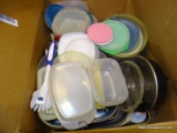 BOX LOT OF ASSORTED COOKWARE AND TUPPERWARE.
