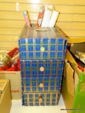 CHRISTMAS GIFT PACKING ORGANIZER BOX WITH CONTENTS. HAS A BACK SLOT FOR GIFT WRAP AND 4 ORGANIZED