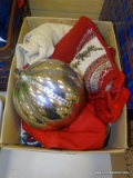 BOX LOT OF ASSORTED ITEMS; INCLUDE A SILVER PAINTED GLASS PUMPKIN AND ASSORTED CHRISTMAS