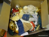 BOX LOT OF ASSORTED ORNAMENTS; INCLUDES GLASS BALL ORNAMENTS, AN ANGEL ORNAMENTS, A SANTA ORNAMENT,