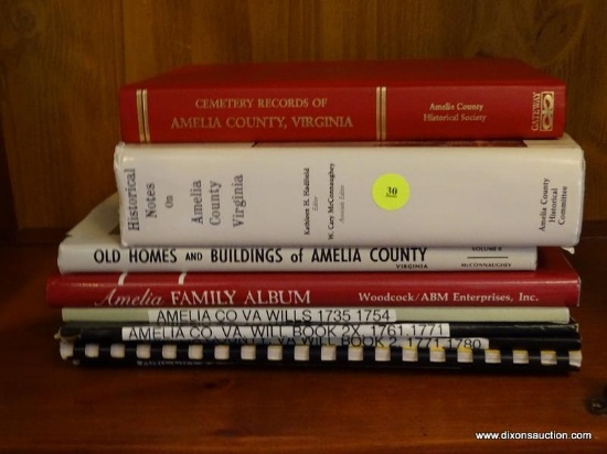 (LIBRARY) SHELF OF AMELIA COUNTY, VA. BOOKS; LOT INCLUDES- HISTORICAL NOTES ON AMELIA CO, VA.,