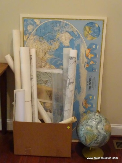 (LR) MAP AND PRINT LOT; LOT CONTAINS LARGE WORLD WALL MAP; SEVERAL UNFRAMED MAPS, TOPOGRAPHICAL MAP