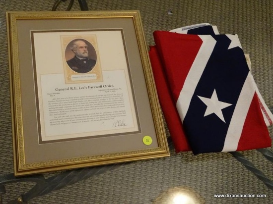 (LR) FRAMED PRINT AND FLAGS; FRAMED AND DOUBLE MATTED PRINT OF LEE'S FAREWELL ADDRESS IN GOLD