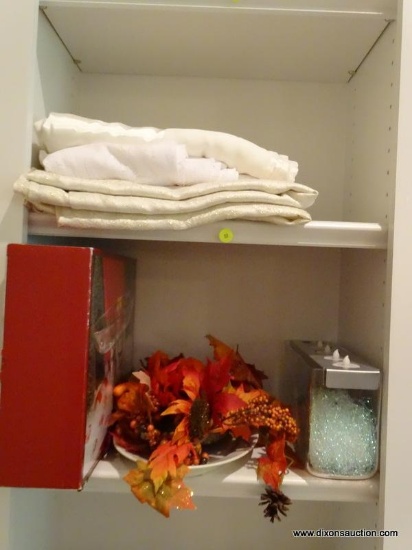 (LR) SHELF LOT OF MISCELL.; 2 SHELF LOT CONTAINING 4 TABLECLOTHS, CHRISTMAS SERVING TRAY IN BOX,