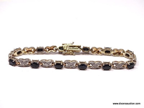 BEAUTIFUL STERLING SILVER, DIAMOND, AND SAPPHIRE TENNIS BRACELET. FEATURES ALTERNATING "XO" DIAMOND