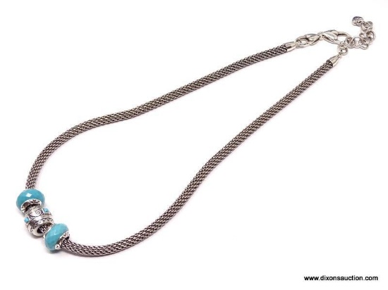 VINTAGE BRIGHTON MESH NECKLACE, WITH "PRIMROSE" BEAD, FLANKED BY FACETED TURQUOISE "TRANSFORM"