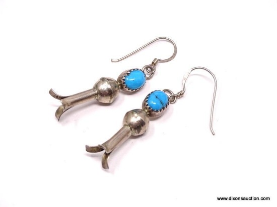NAVAJO STERLING SILVER SQUASH BLOSSOM FRENCH WIRE EARRINGS, FEATURING BEZEL SET TURQUOISE STONES.