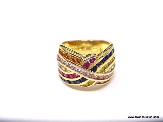 24K GOLD VERMEIL OVER STERLING SILVER MULTI COLOR SAPPHIRE GEMSTONE RING. SIGNED, "UTC" AND 925.