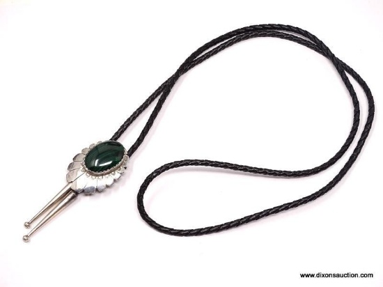 FANTASTIC NAVAJO NATIVE AMERICAN SILVER CONCHO AND MALACHITE BOLO TIE. THE CONCHO SLIDE MEASURES