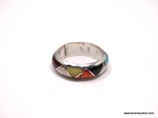 OLD PAWN NAVAJO STERLING SILVER INLAID MULTI GEMSTONE RING. STONES INCLUDE TURQUOISE, SPINEY OYSTER