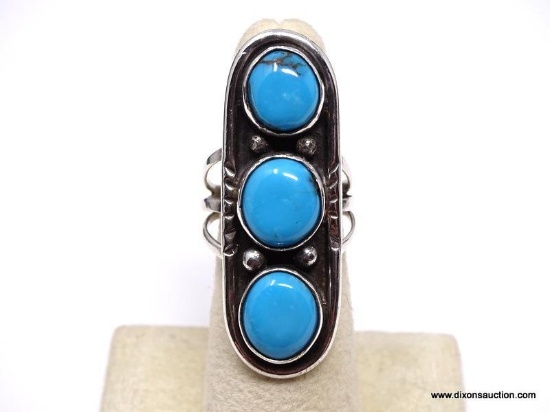 NAVAJO "PAST, PRESENT, AND FUTURE" RING. SLEEPING BEAUTY TURQUOISE CABOCHONS ARE BEZEL SET IN