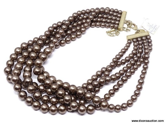 VINTAGE LIA SOPHIA 5 STRAND "CAFE AU LAIT" BRONZE BEAD NECKLACE, WITH LIGHT ANTIQUE GOLD END BARS