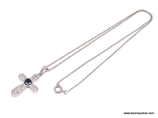 STERLING SILVER AND DIAMOND CROSS PENDANT, WITH A ROUND FACETED BLUE SAPPHIRE CENTER STONE. PENDANT