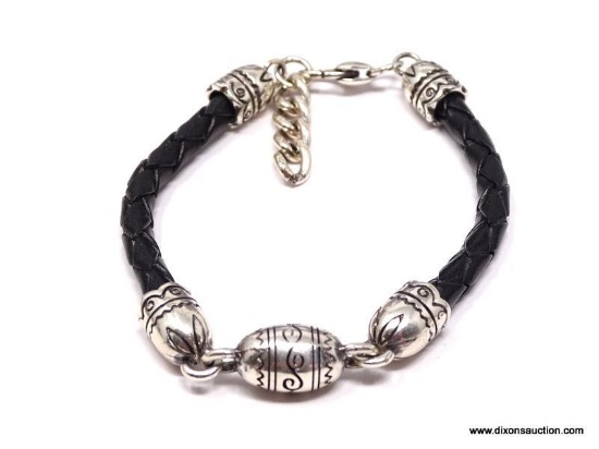 BRIGHTON SILVER TONE AND LEATHER EASTER EGG BRACELET. FEATURES TWO SECTIONS OF BRAIDED BLACK LEATHER
