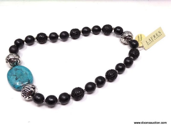 BOLD DESIGNER RALPH LAUREN WOODEN BEAD AND TURQUOISE STATEMENT CHOKER NECKLACE. FEATURES A LARGE