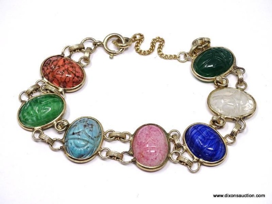 VINTAGE GOLD FILLED CARVED SCARAB BEATLE EQYPTIAN REVIVAL BRACELET WITH SAFETY CHAIN. MEASURES 7