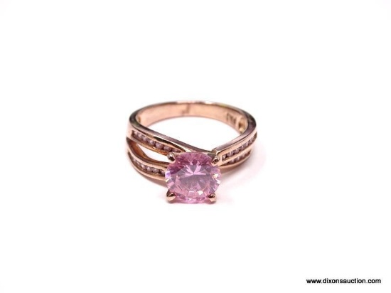 DESIGNER SIGNED, PAJ, 24K GOLD VERMEIL OVER STERLING SILVER PINK MORGANITE GEMSTONE RING. THE CENTER