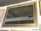 (WALL) WALL MIRROR; FRAMED, RECTANGULAR, WALL HANGING MIRROR WITH A WORN GOLD TONED FRAME. MEASURES