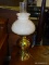 (R2) OIL LAMP CONVERTED TO ELECTRIC; POLISHED BRASS OIL LAMP CONVERTED TO ELECTRIC WITH A WHITE