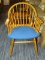 (R3) WINDSOR ARM CHAIR; WINDSOR STYLE CAPTAIN'S CHAIR WITH A BLUE WOVEN UPHOLSTERED SEAT. MEASURES