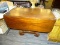 (R3) EMPIRE STYLE DROP LEAF TABLE; MAHOGANY, 3-BOARD DROP LEAF TABLE WITH A ROUNDED DRAWER ON EITHER