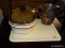 (R3) LOT OF KITCHENWARE; 4 PIECE LOT O INCLUDE A GLASS CUTTING BOARD, AN ACADEMY SILVER ON COPPER