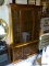 (WALL) SINGER FURNITURE CHINA CABINET; 2-PIECE WALNUT CHINA CABINET WITH A TOP PIECE THAT HAS A