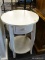(R4) ROUND SIDE TABLE; CREAM FINISHED SINGLE DRAWER, ROUND SIDE TABLE WITH A LOWER SHELF AND A