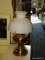 (R1) OIL LAMP CONVERED TO ELECTRIC; POLISHED BRASS OIL LAMP WITH A WHITE GLASS SHADE AND CLEAR GLASS