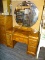 (R1) ART DECO WATERFALL STYLE VANITY; DOUBLE PEDESTAL, 5-DRAWER VANITY DESK WITH ROUND MIRROR AND