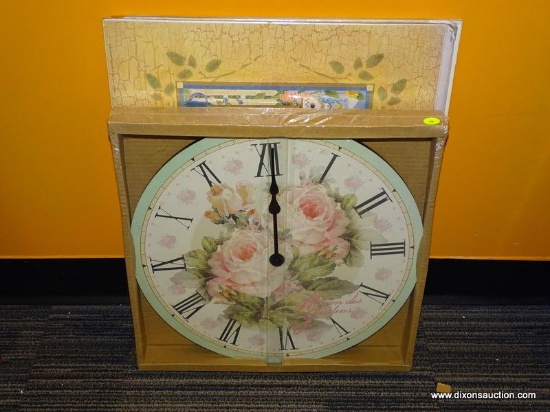 (WALL) WALL CLOCK AND PRINTS; 4 PIECE LOT TO INCLUDE A PINK ROSES CLOCK (16" DIA), A PRINT OF 2 WELL