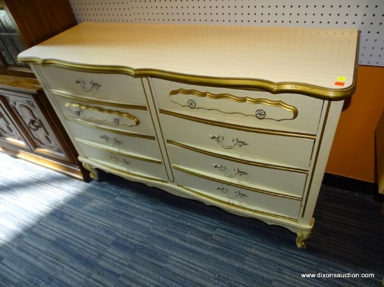 (WALL) FRENCH PROVINCIAL DRESSER; CREAM PAINTED, 6-DRAWER DRESSER WITH BRONZE HANDLES, GOLD TONE